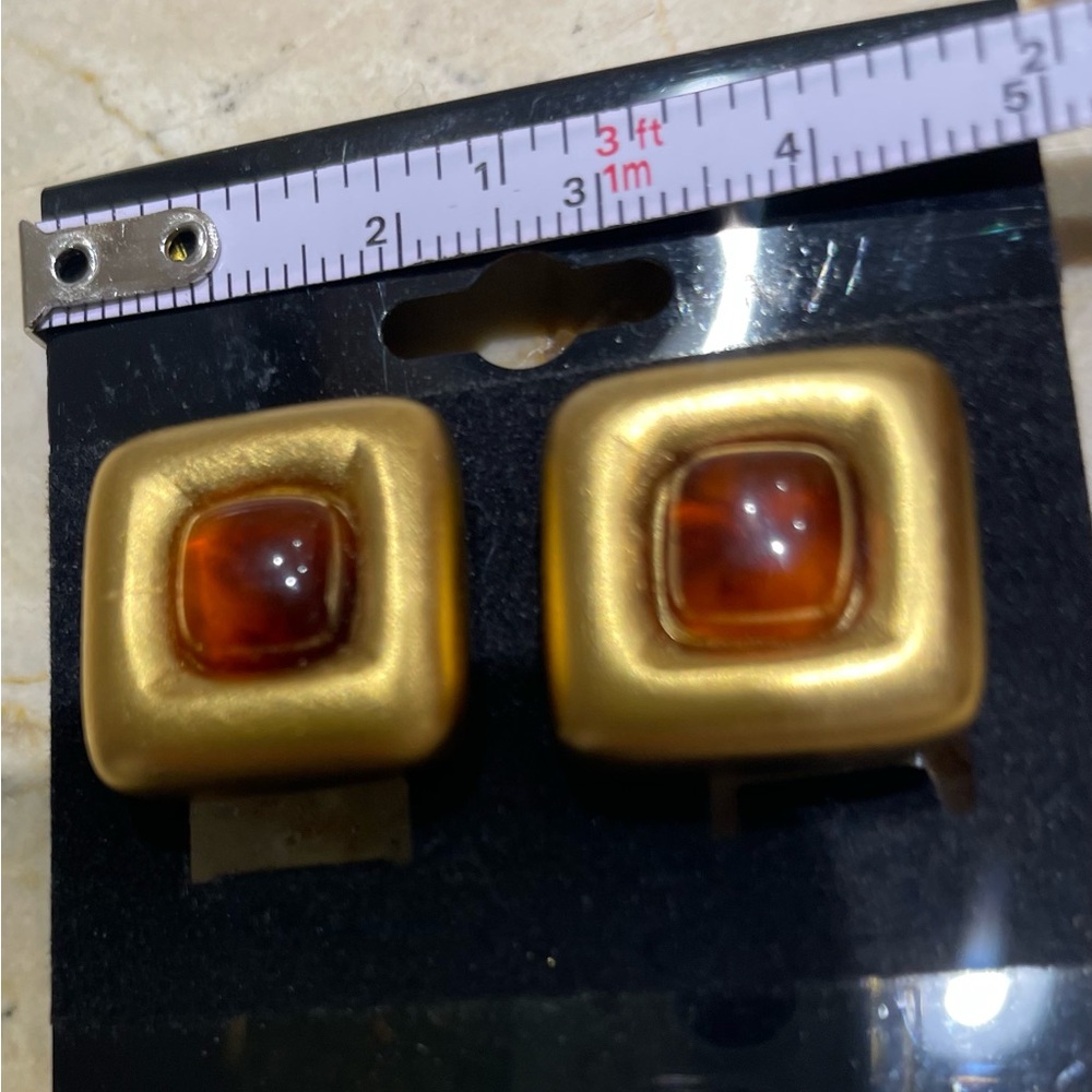 Vintage Givenchy Gold-Tone Faux Amber/Cabochon Clip-on Earrings - Picture 12 of 12
